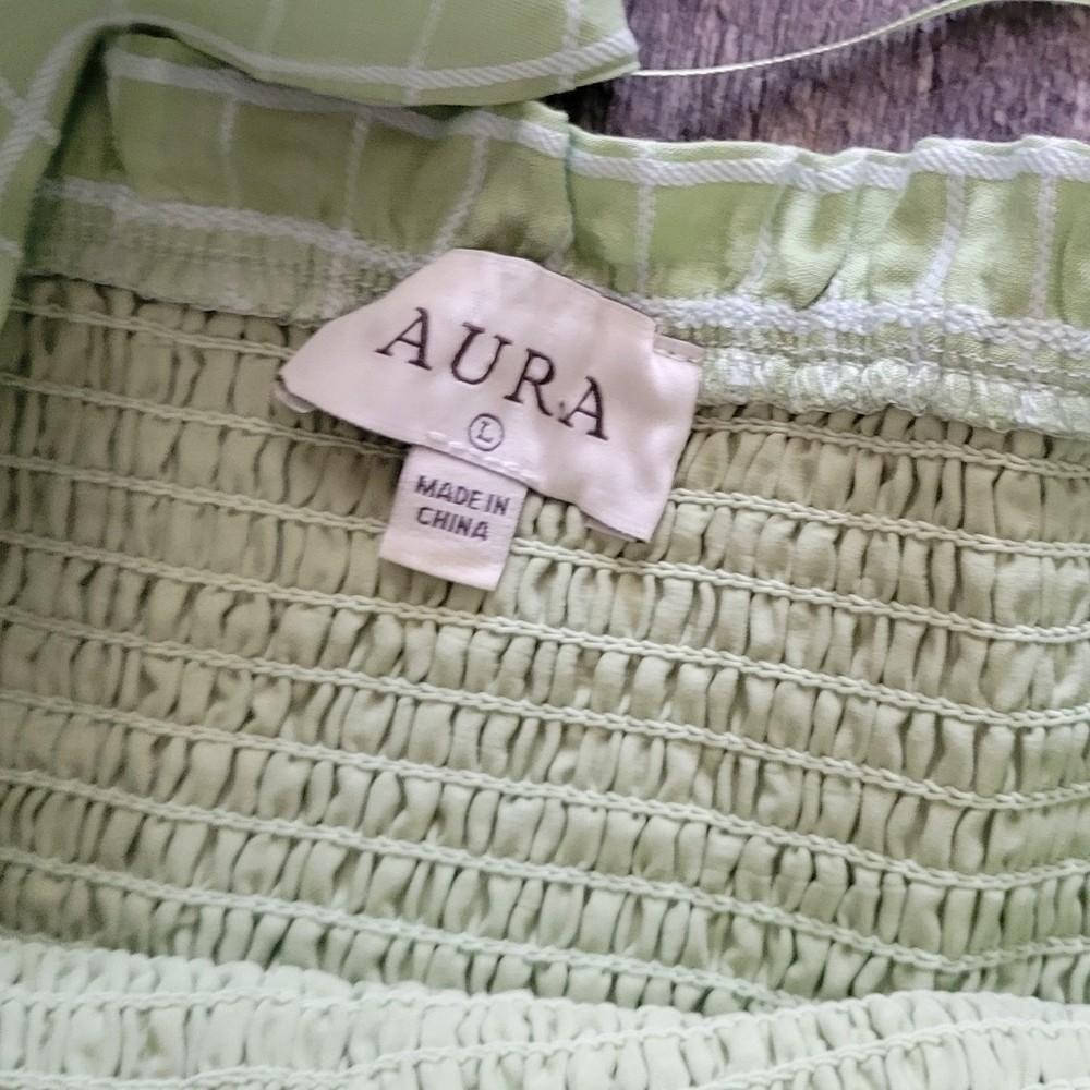 Aura Light Green Windowpane Midi Dress with Puff Sleeves - Picture 3 of 8